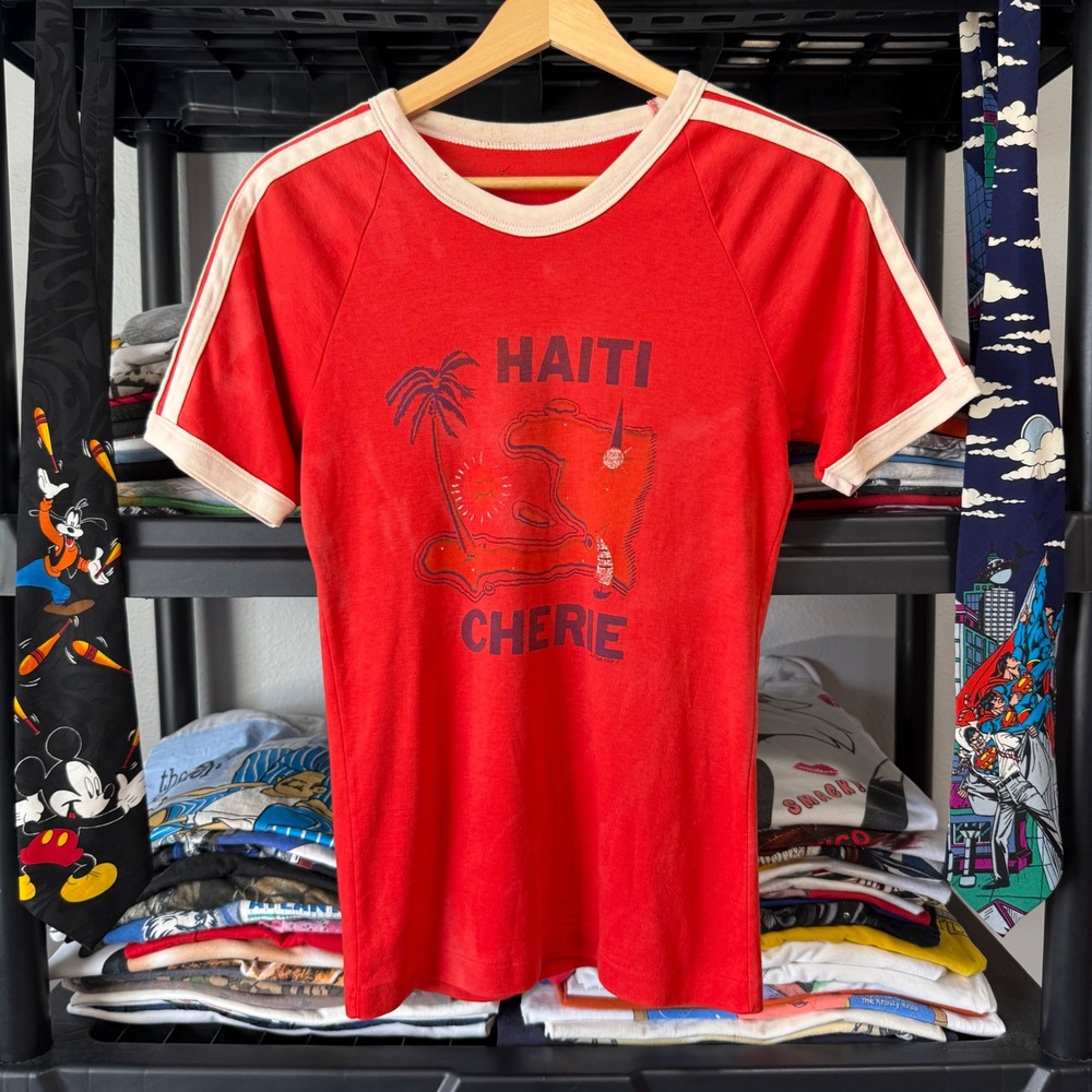 Vintage Red Haiti Cherie Souvenir Ringer T-Shirt Small Light Marks